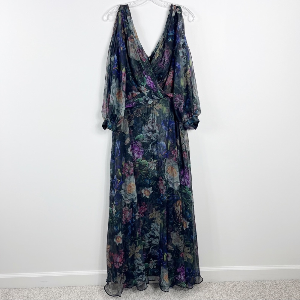 Marchesa Notte Metallic Sheer Multicolor Floral
Pleated Gown Size 12 Moody Black - Picture 3 of 13